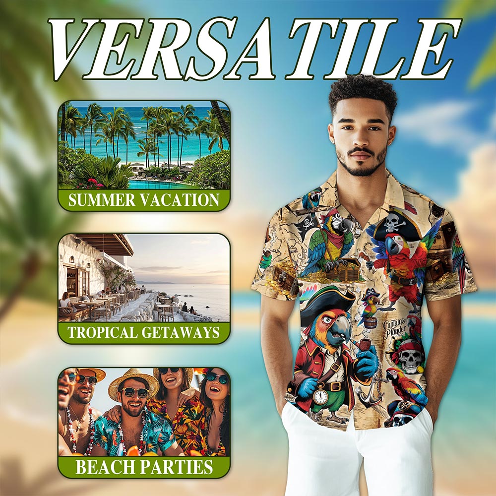 Pirate Parrot Hawaiian Shirt for Men, Button Down Aloha Shirt - Azhawaiian