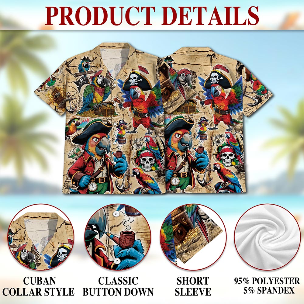 Pirate Parrot Hawaiian Shirt for Men, Button Down Aloha Shirt - Azhawaiian