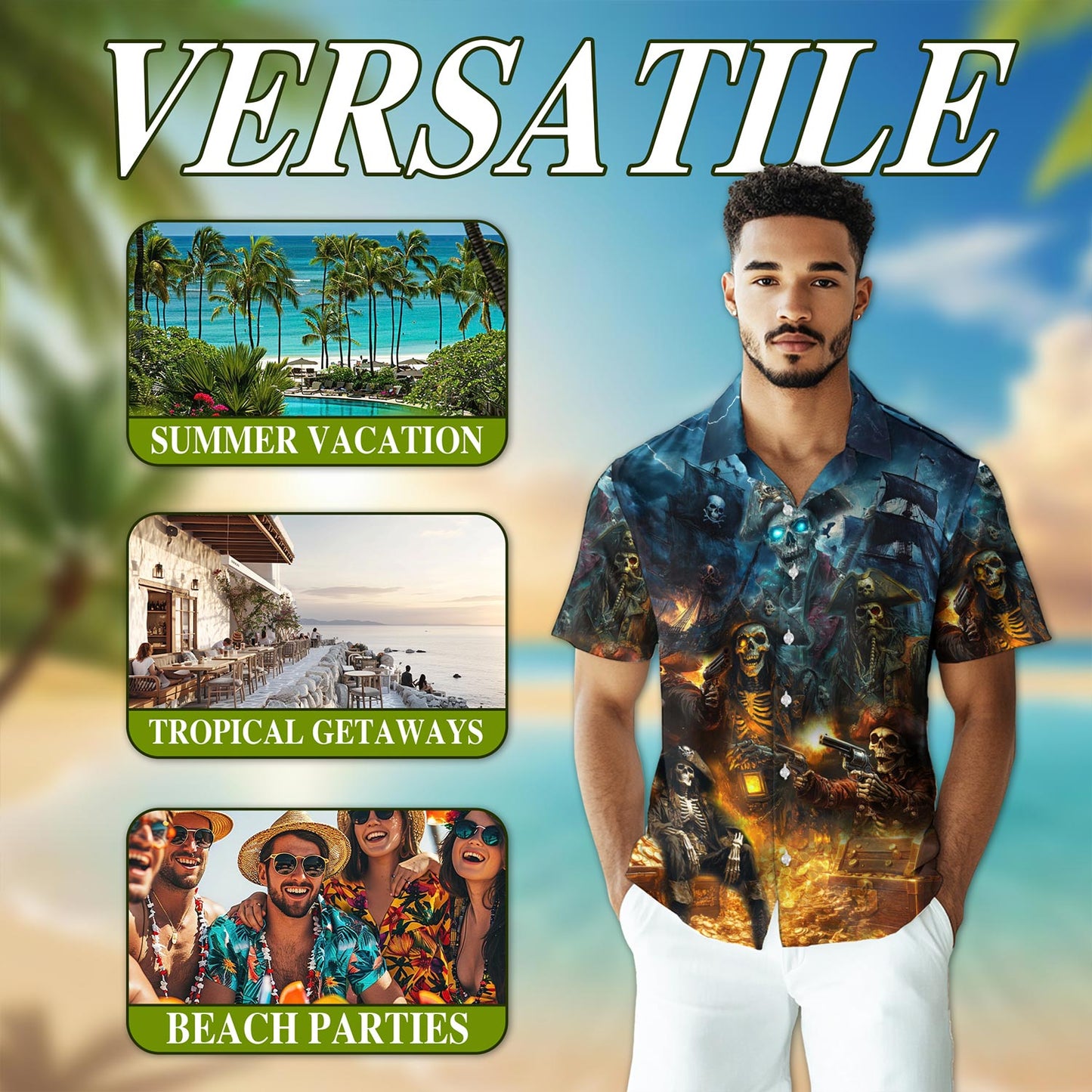 Pirate Skull Hawaiian Shirt for Men, Button Down Aloha Shirt - Azhawaiian