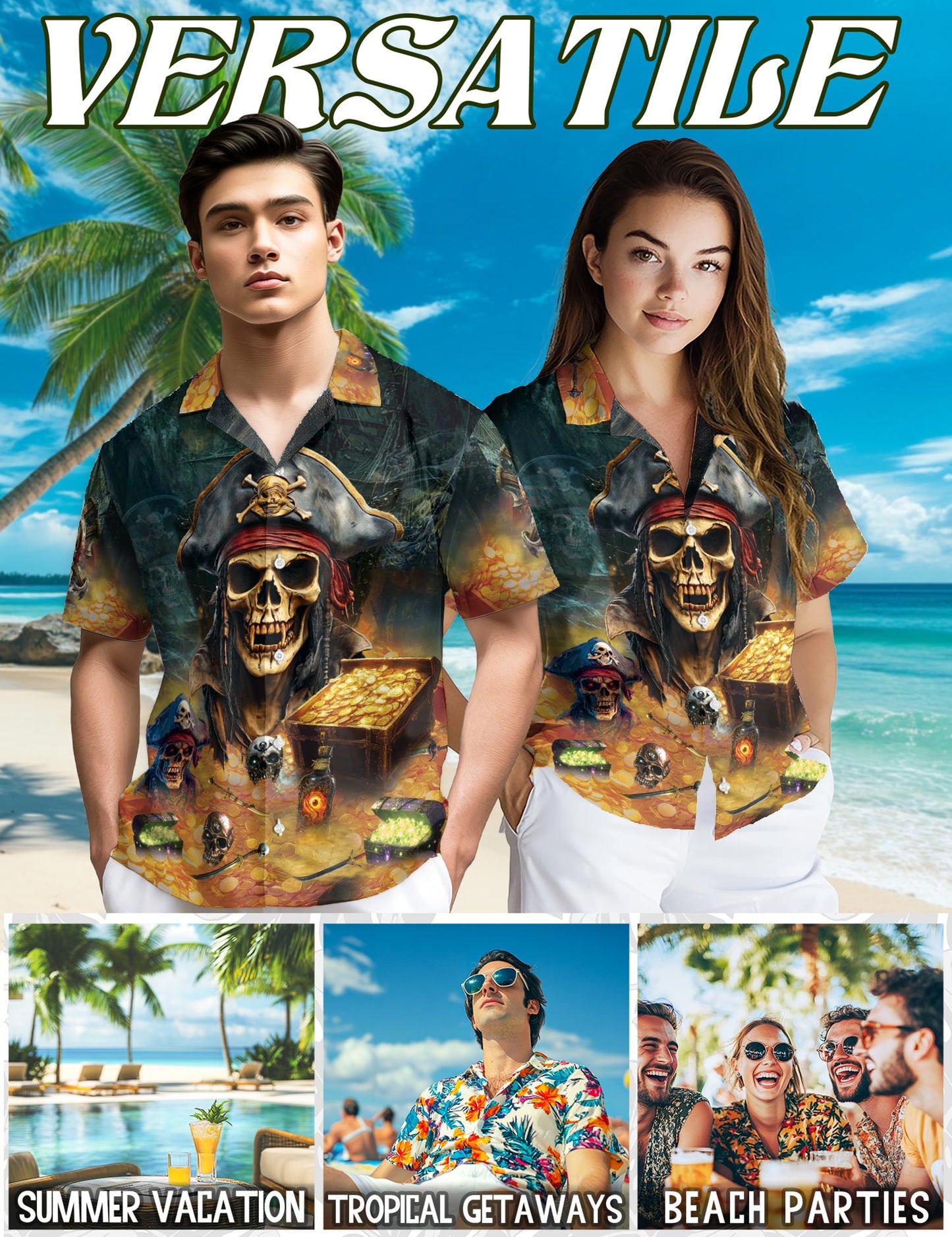 Pirate Skull Hawaiian Shirt for Men, Button Down Aloha Shirt - Azhawaiian