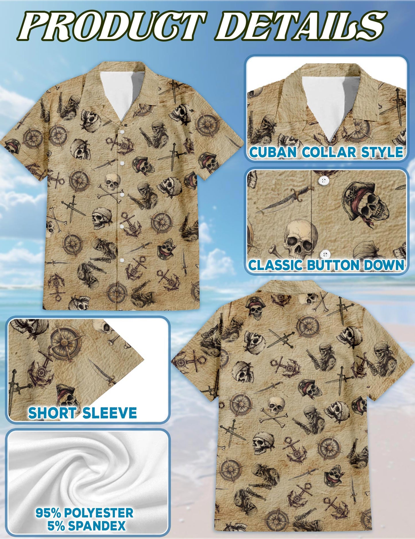 Pirate Skull Hawaiian Shirt for Men, Button Down Aloha Shirt - Azhawaiian