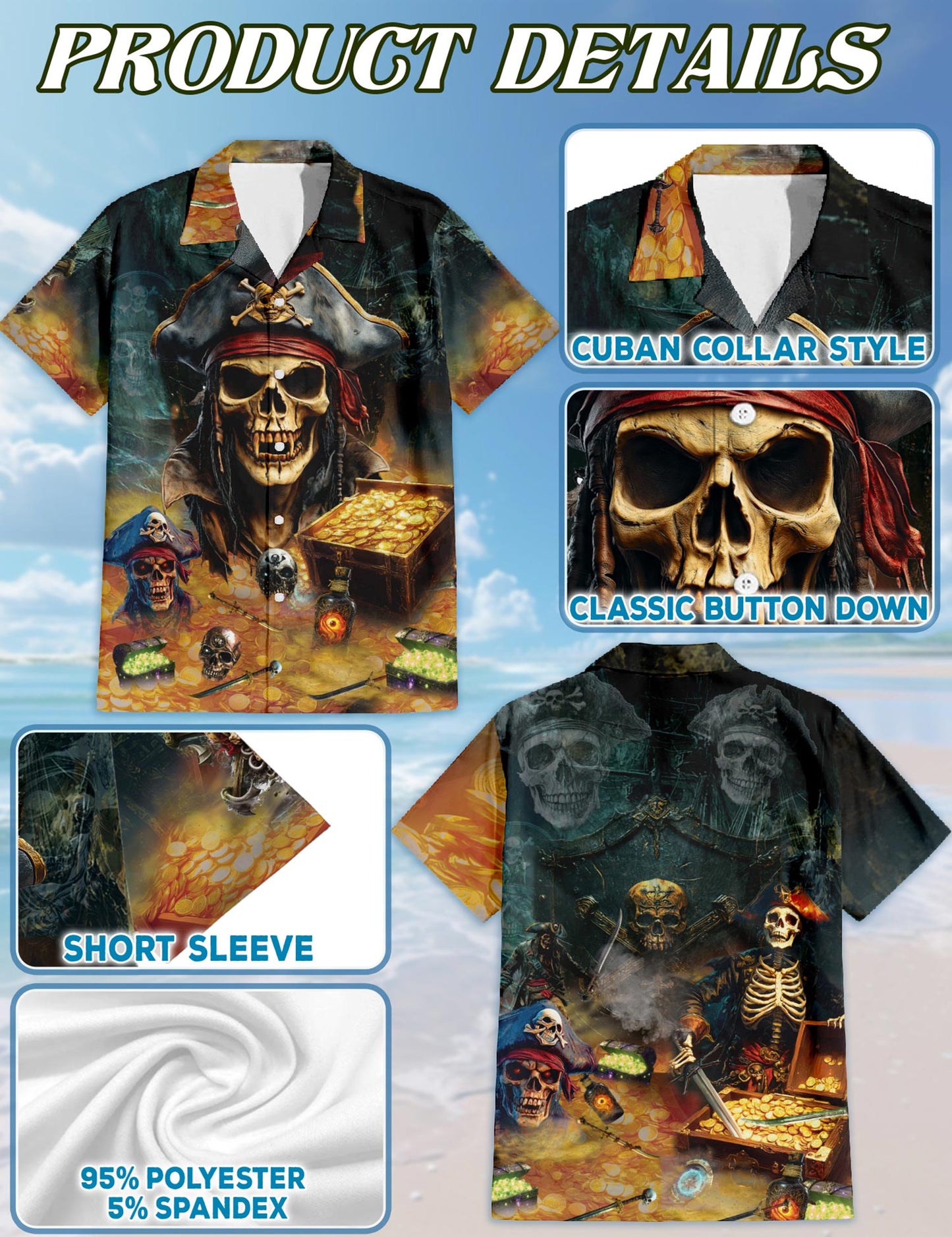 Pirate Skull Hawaiian Shirt for Men, Button Down Aloha Shirt - Azhawaiian