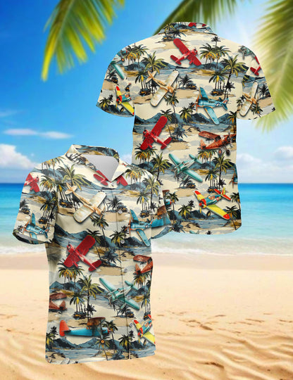 Planes and Coconut Hawaiian Shirt for Men, Button Down Aloha Shirt - Azhawaiian