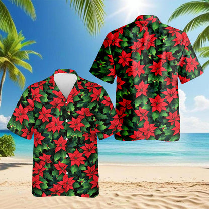 Poinsettia Pattern Hawaiian Shirt for Men, Button Down Aloha Shirt - Azhawaiian
