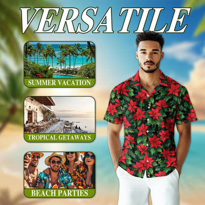 Poinsettia Pattern Hawaiian Shirt for Men, Button Down Aloha Shirt - Azhawaiian