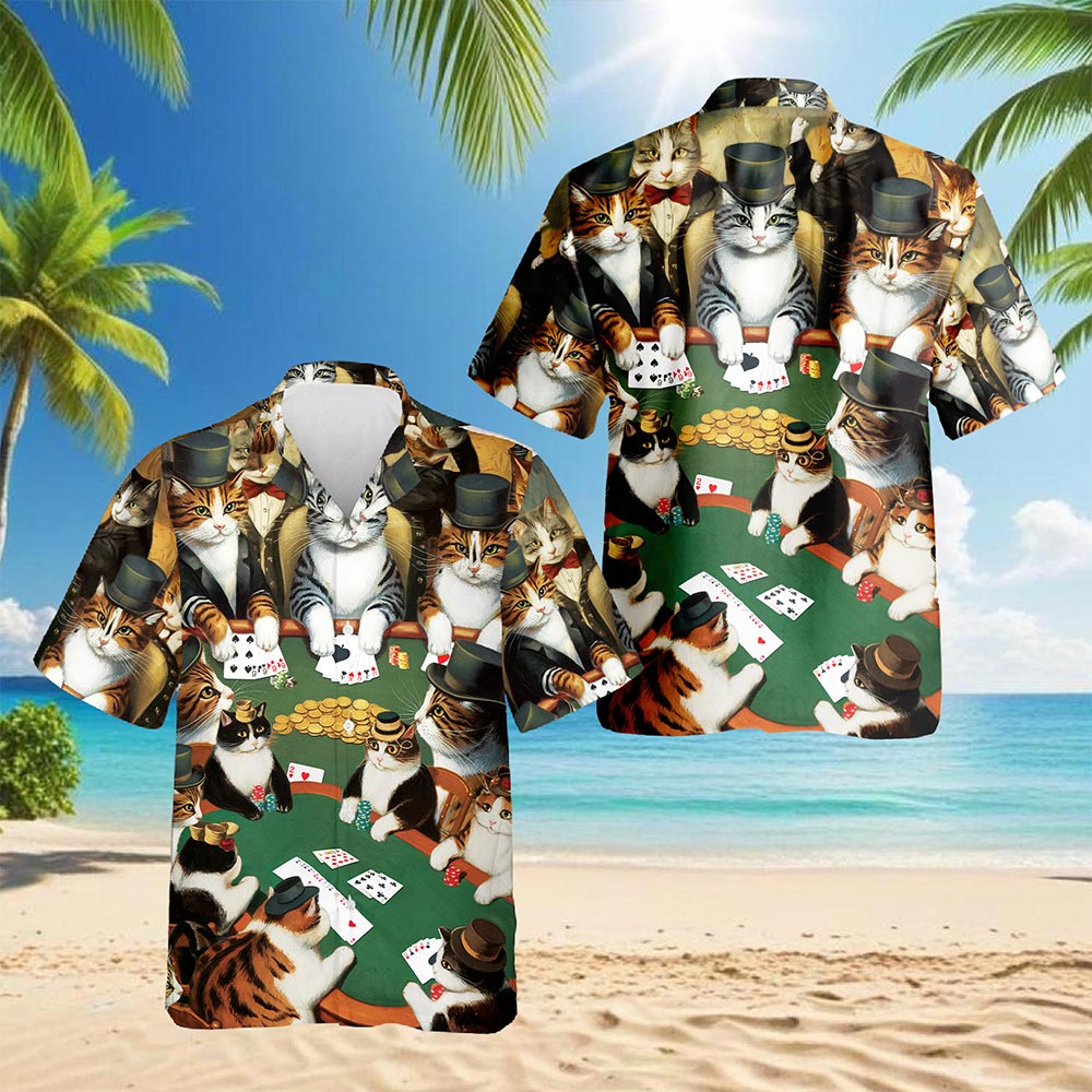 Poker Cat Hawaiian Shirt for Men, Button Down Aloha Shirt - Azhawaiian