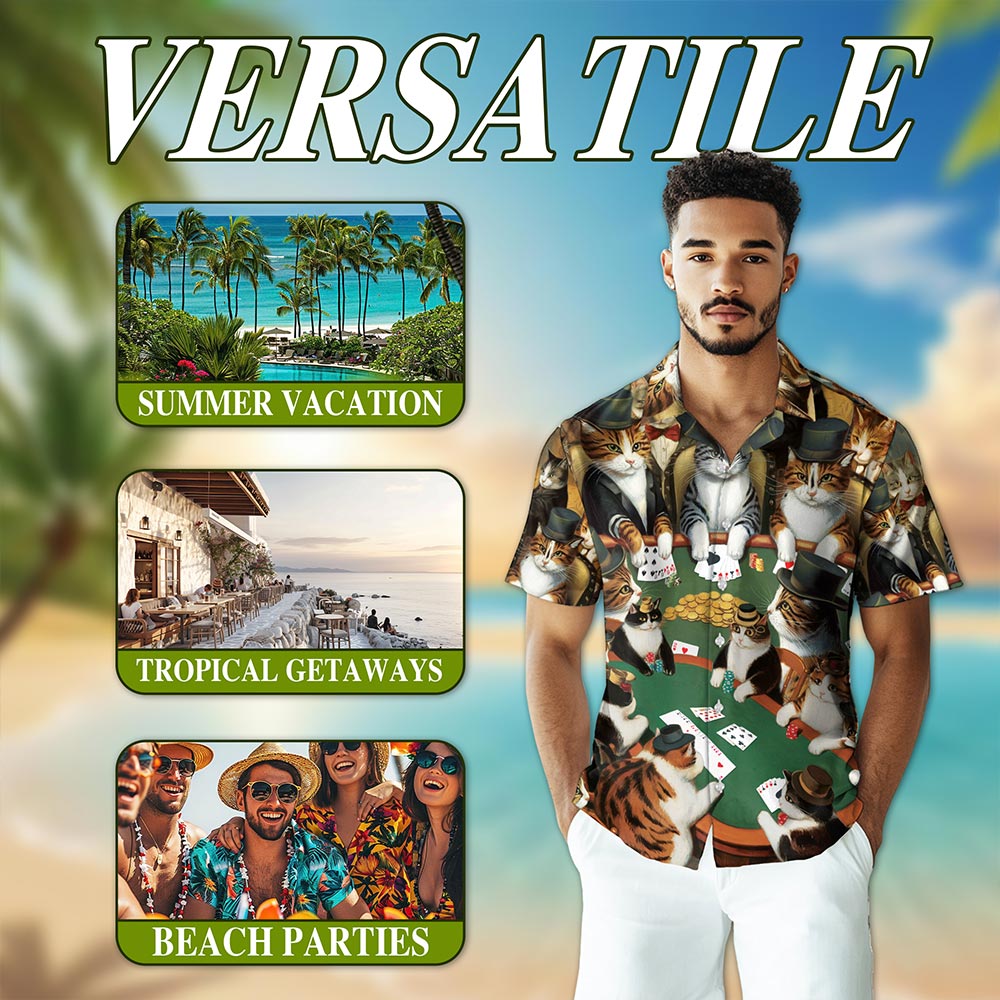 Poker Cat Hawaiian Shirt for Men, Button Down Aloha Shirt - Azhawaiian