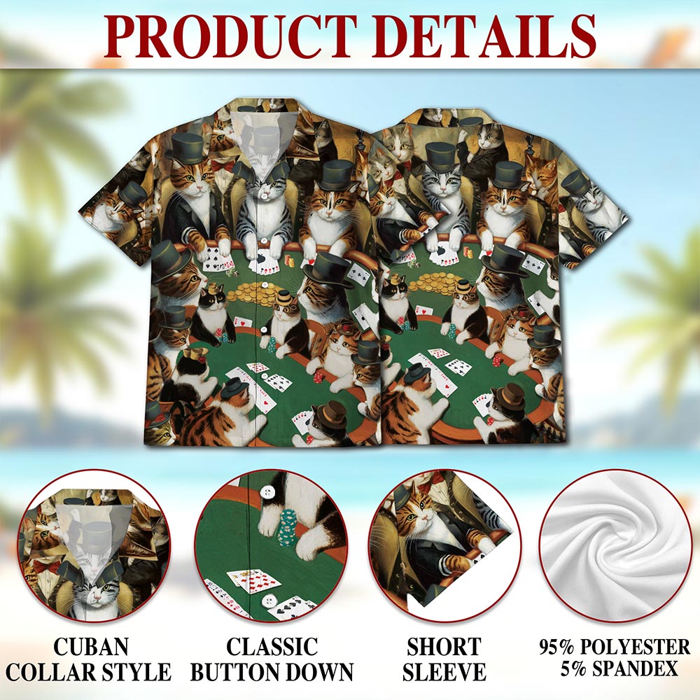 Poker Cat Hawaiian Shirt for Men, Button Down Aloha Shirt - Azhawaiian