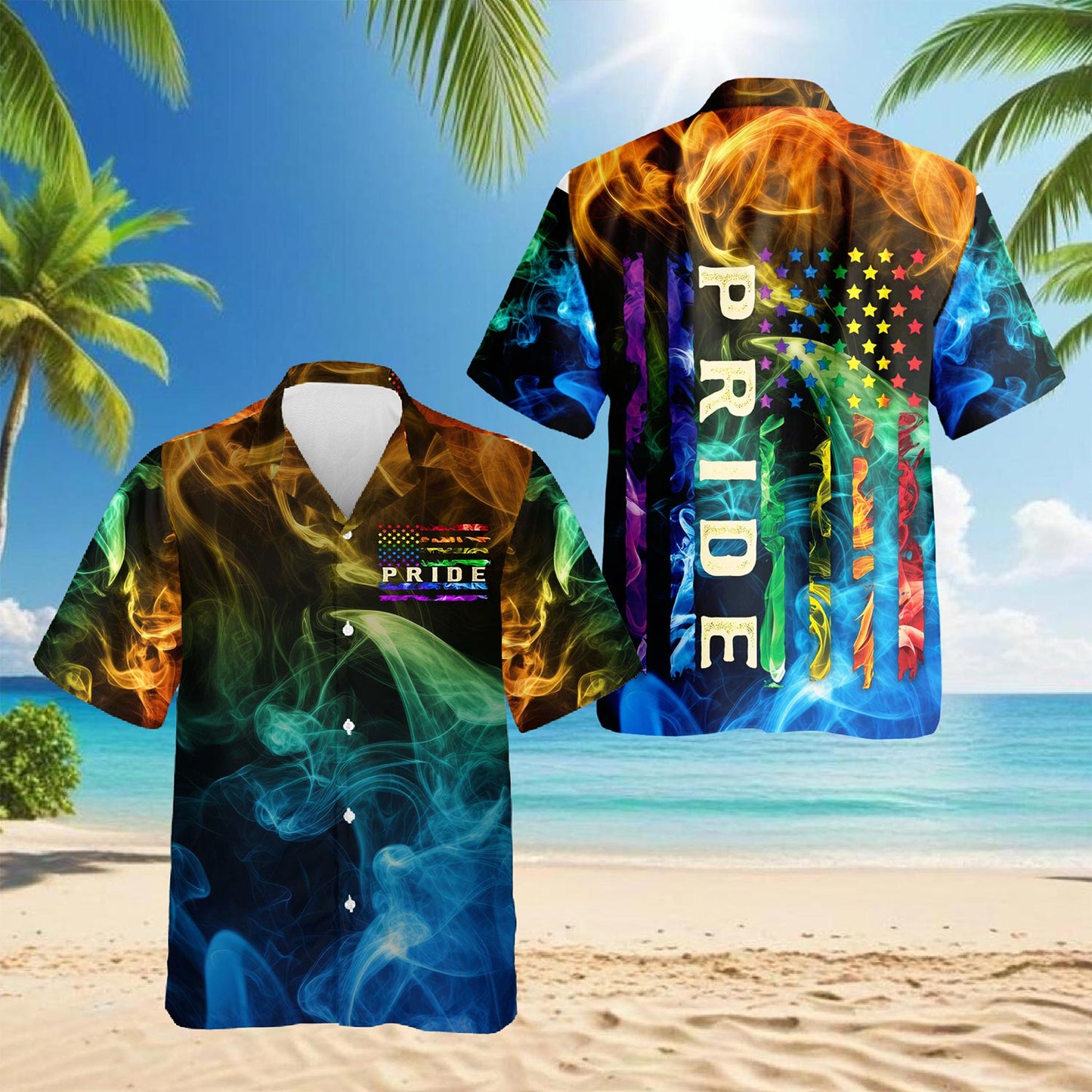 Pride Smoke Rainbow USA Flag Hawaiian Shirt for Men, Button Down Aloha Shirt - Azhawaiian