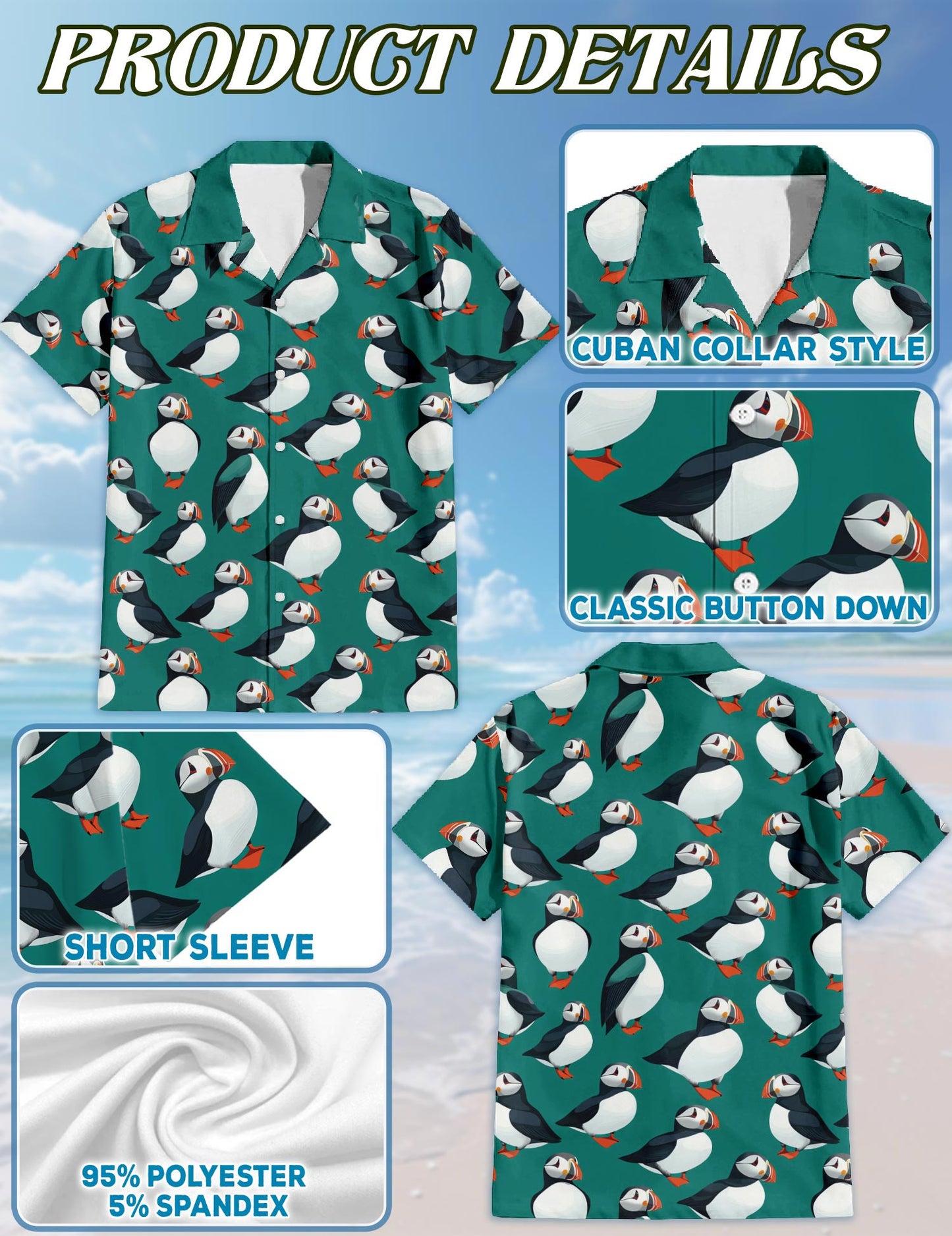 Puffin Birds Pattern Hawaiian Shirt for Men, Button Down Aloha Shirt - Azhawaiian