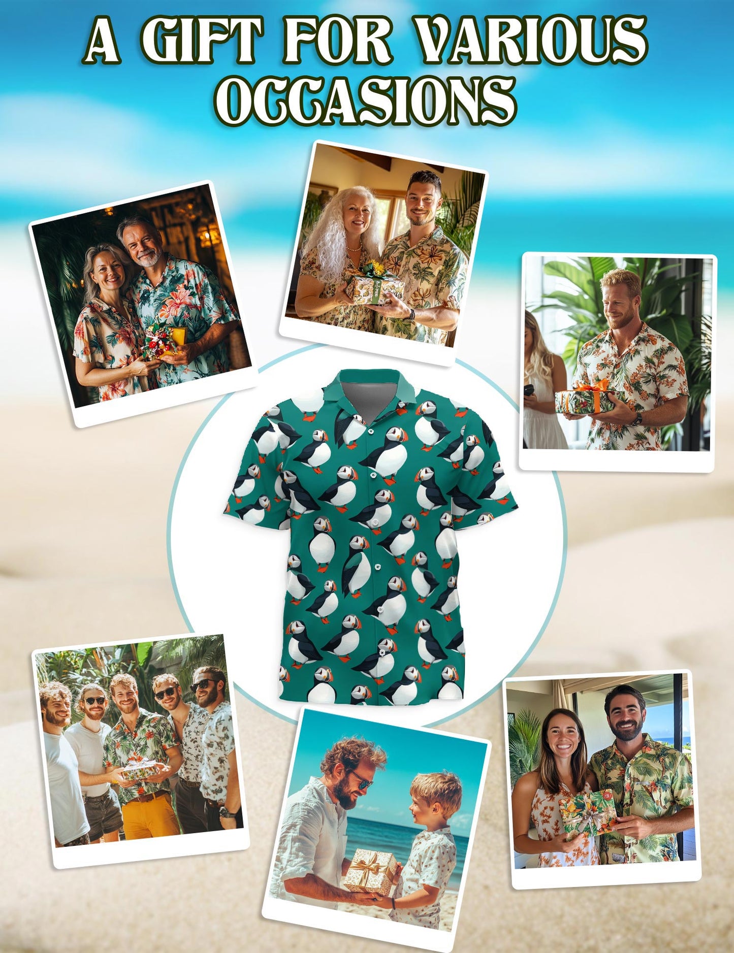Puffin Birds Pattern Hawaiian Shirt for Men, Button Down Aloha Shirt - Azhawaiian