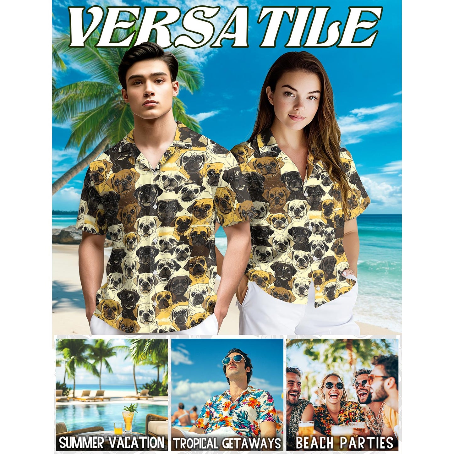 Pug Hawaiian Shirt for Men, Button Down Aloha Shirt - Azhawaiian