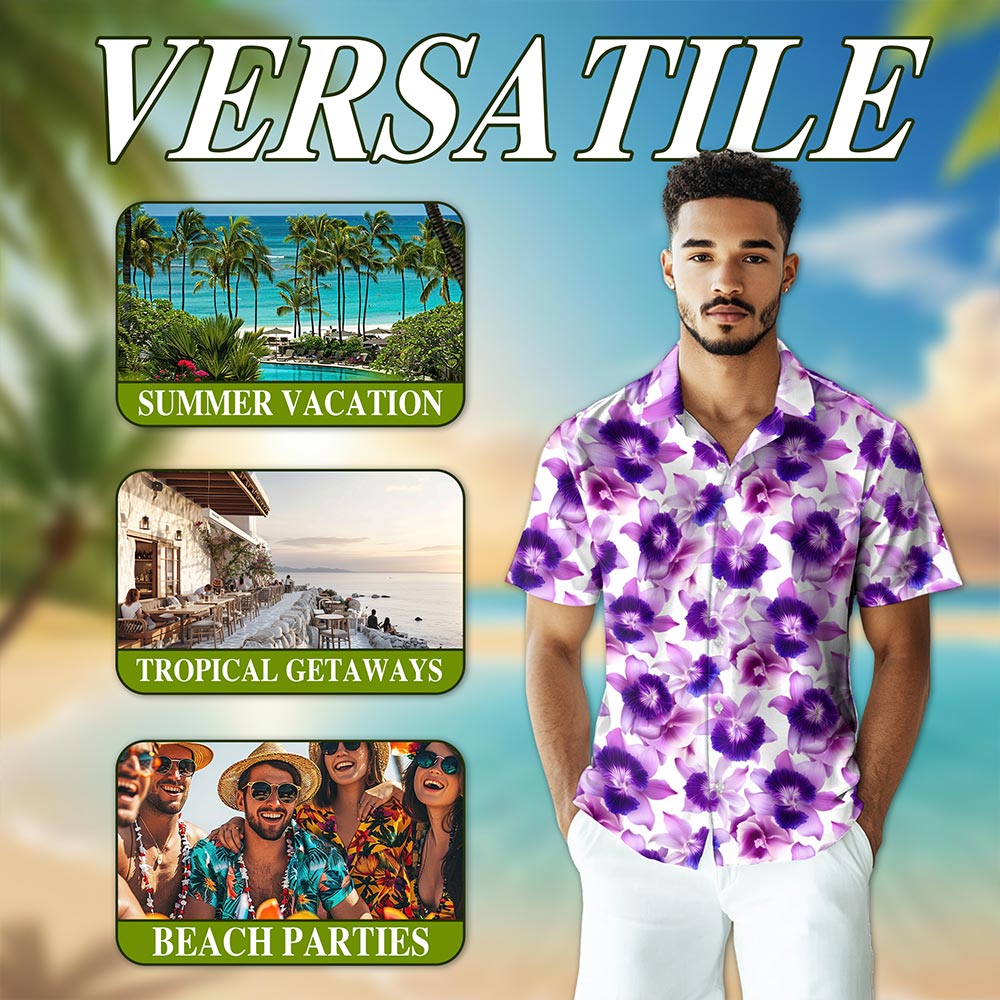 Purple Orchid Flower Hawaiian Shirt for Men, Button Down Aloha Shirt - Azhawaiian