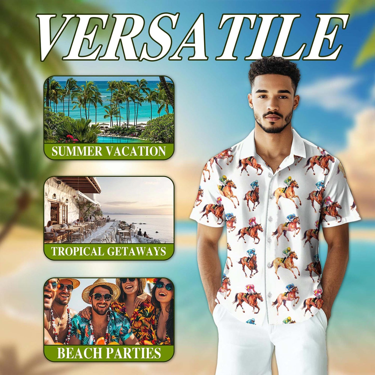 Racehorses Pattern Hawaiian Shirt for Men, Button Down Aloha Shirt - Azhawaiian