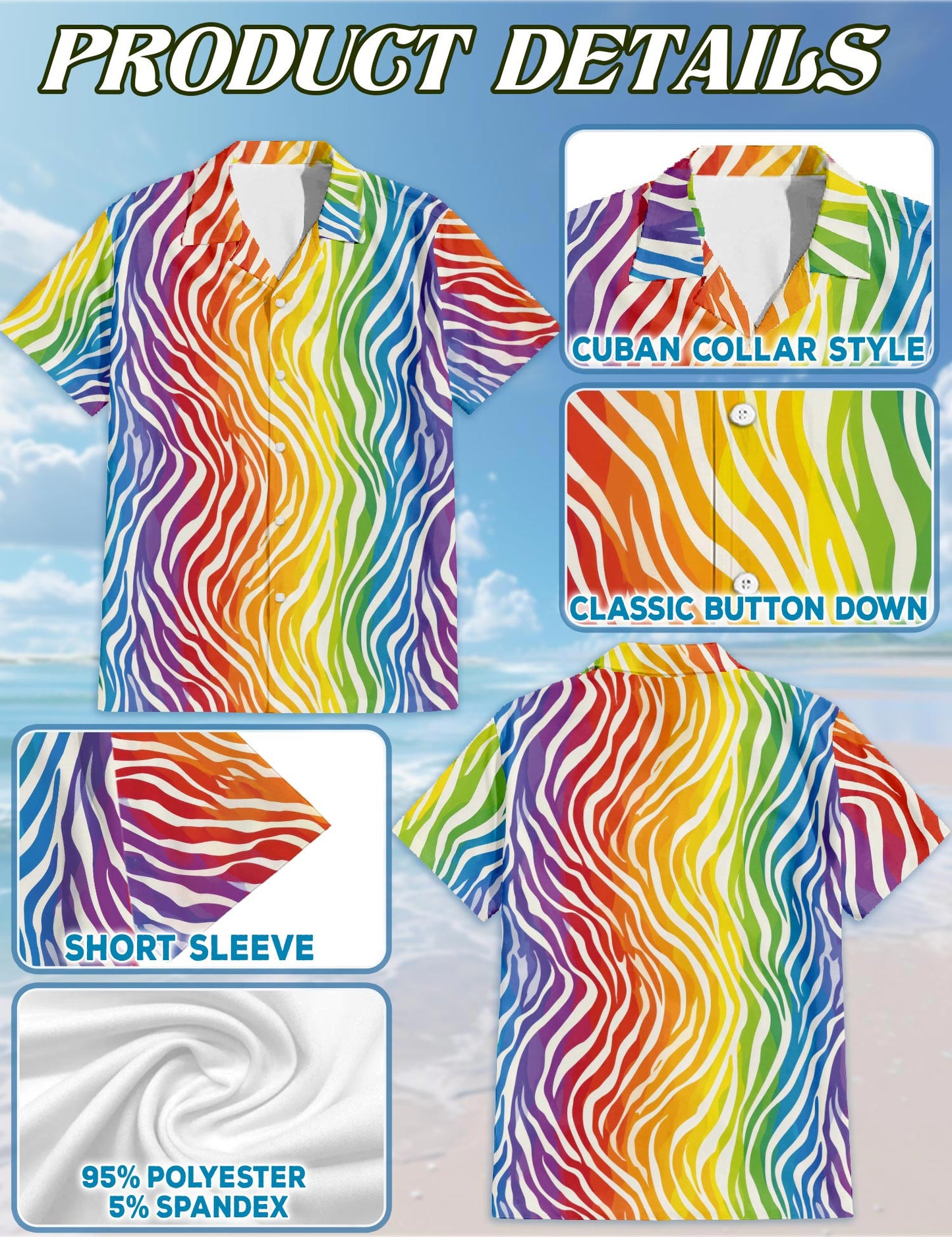 Rainbow Zebra Pattern Hawaiian Shirt for Men, Button Down Aloha Shirt - Azhawaiian