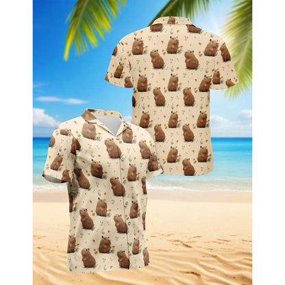 Retro Capybara Hawaiian Shirt for Men, Button Down Aloha Shirt - Azhawaiian