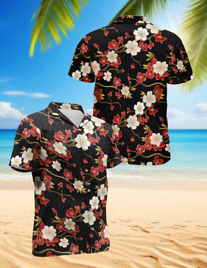 Retro Cherry Blossom Hawaiian Shirt for Men, Button Down Aloha Shirt - Azhawaiian
