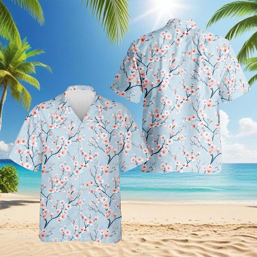 Retro Cherry Blossom Hawaiian Shirt for Men, Button Down Aloha Shirt - Azhawaiian