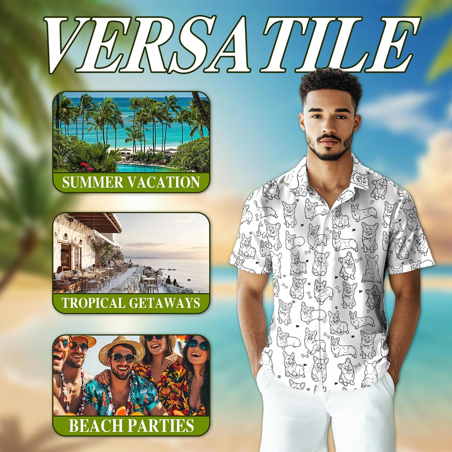 Retro Corgi Hawaiian Shirt for Men, Button Down Aloha Shirt - Azhawaiian