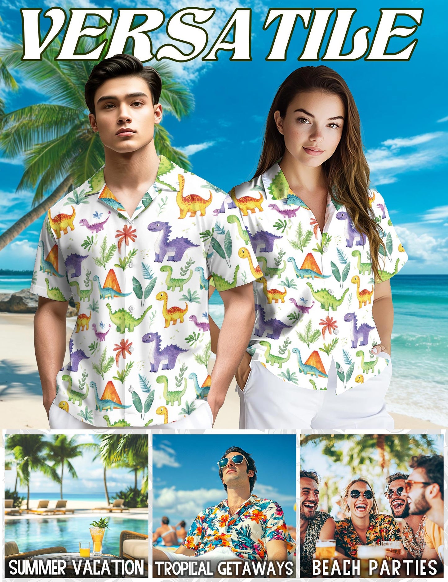 Retro Dinosaur Hawaiian Shirt for Men, Button Down Aloha Shirt - Azhawaiian