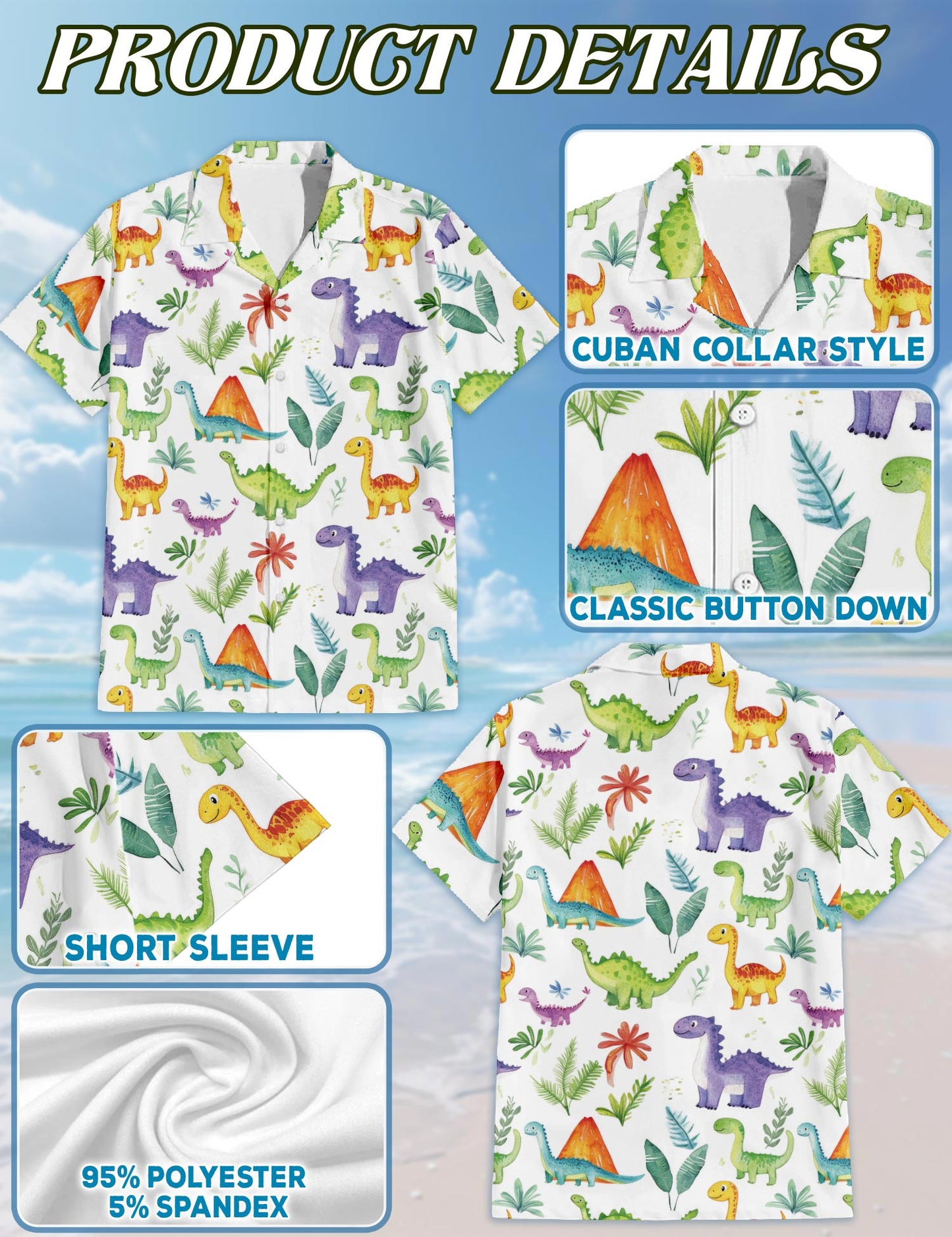 Retro Dinosaur Hawaiian Shirt for Men, Button Down Aloha Shirt - Azhawaiian