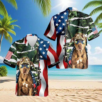 Retro Pitbull 4th of July Hawaiian Shirt for Men, Button Down Aloha Shirt - Azhawaiian