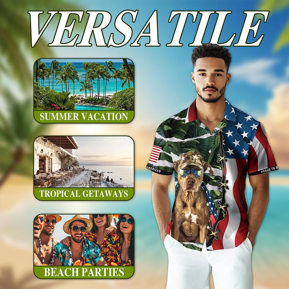 Retro Pitbull 4th of July Hawaiian Shirt for Men, Button Down Aloha Shirt - Azhawaiian