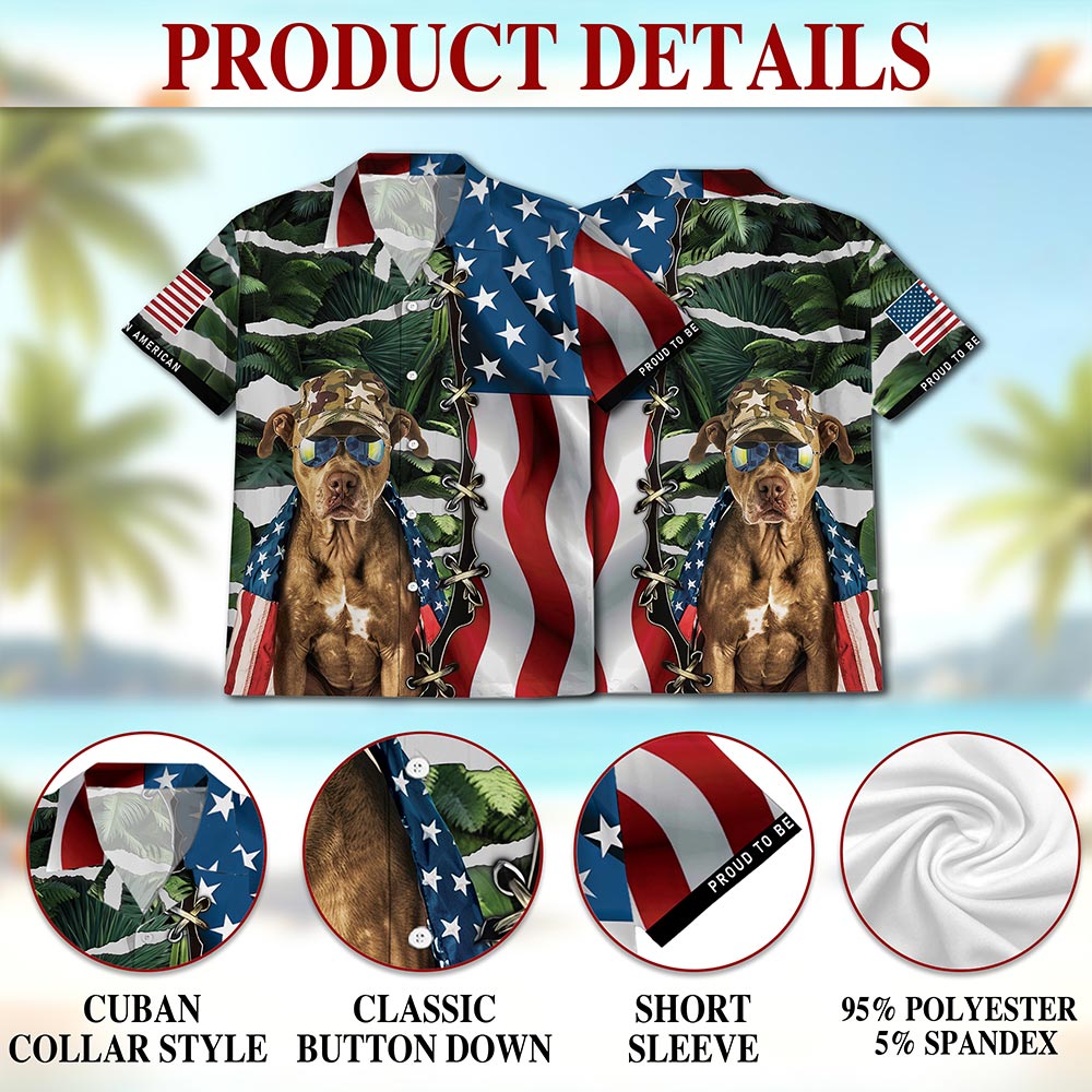 Retro Pitbull 4th of July Hawaiian Shirt for Men, Button Down Aloha Shirt - Azhawaiian