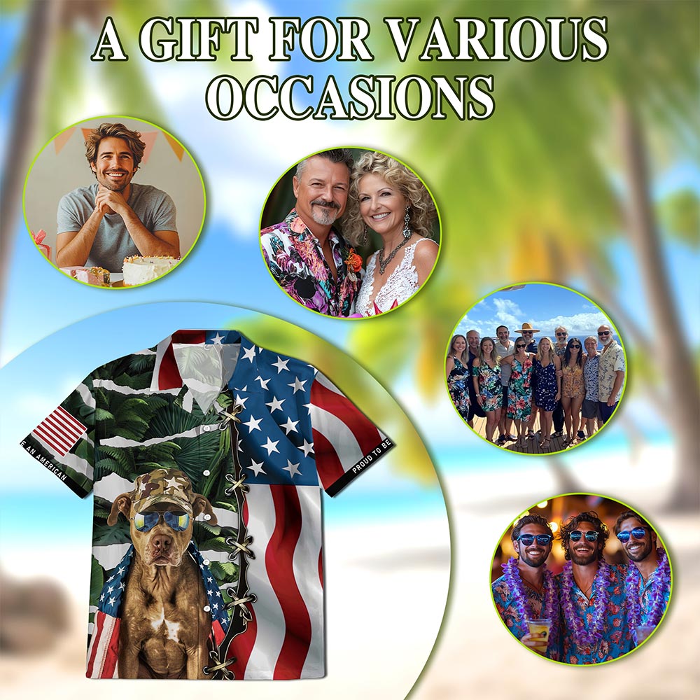 Retro Pitbull 4th of July Hawaiian Shirt for Men, Button Down Aloha Shirt - Azhawaiian
