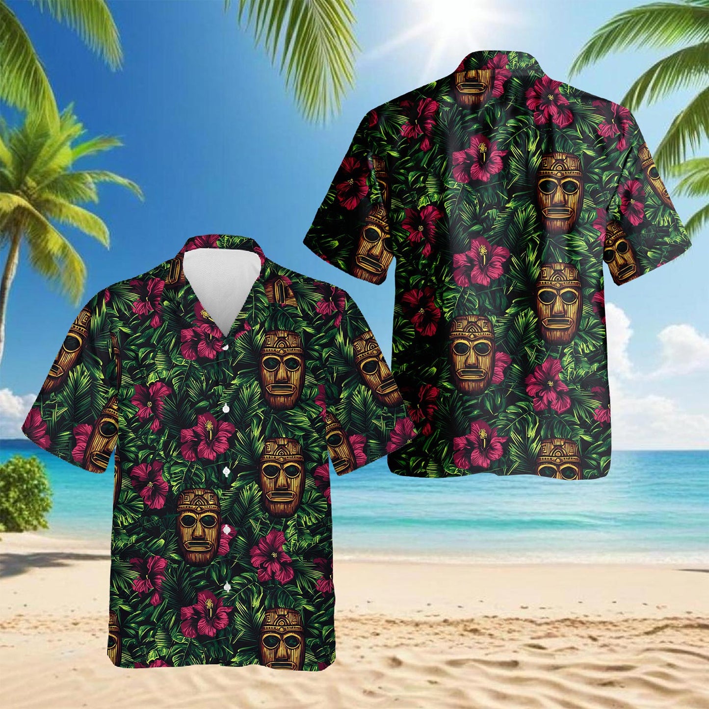 Retro Tiki Mask Hawaiian Shirt for Men, Button Down Aloha Shirt - Azhawaiian