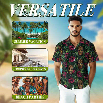 Retro Tiki Mask Hawaiian Shirt for Men, Button Down Aloha Shirt - Azhawaiian