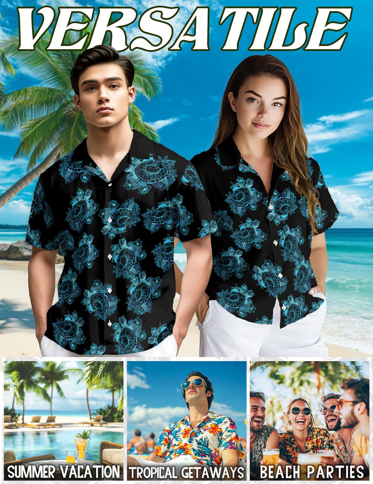 Retro Turtle Summer Hawaiian Shirt for Men, Button Down Aloha Shirt - Azhawaiian