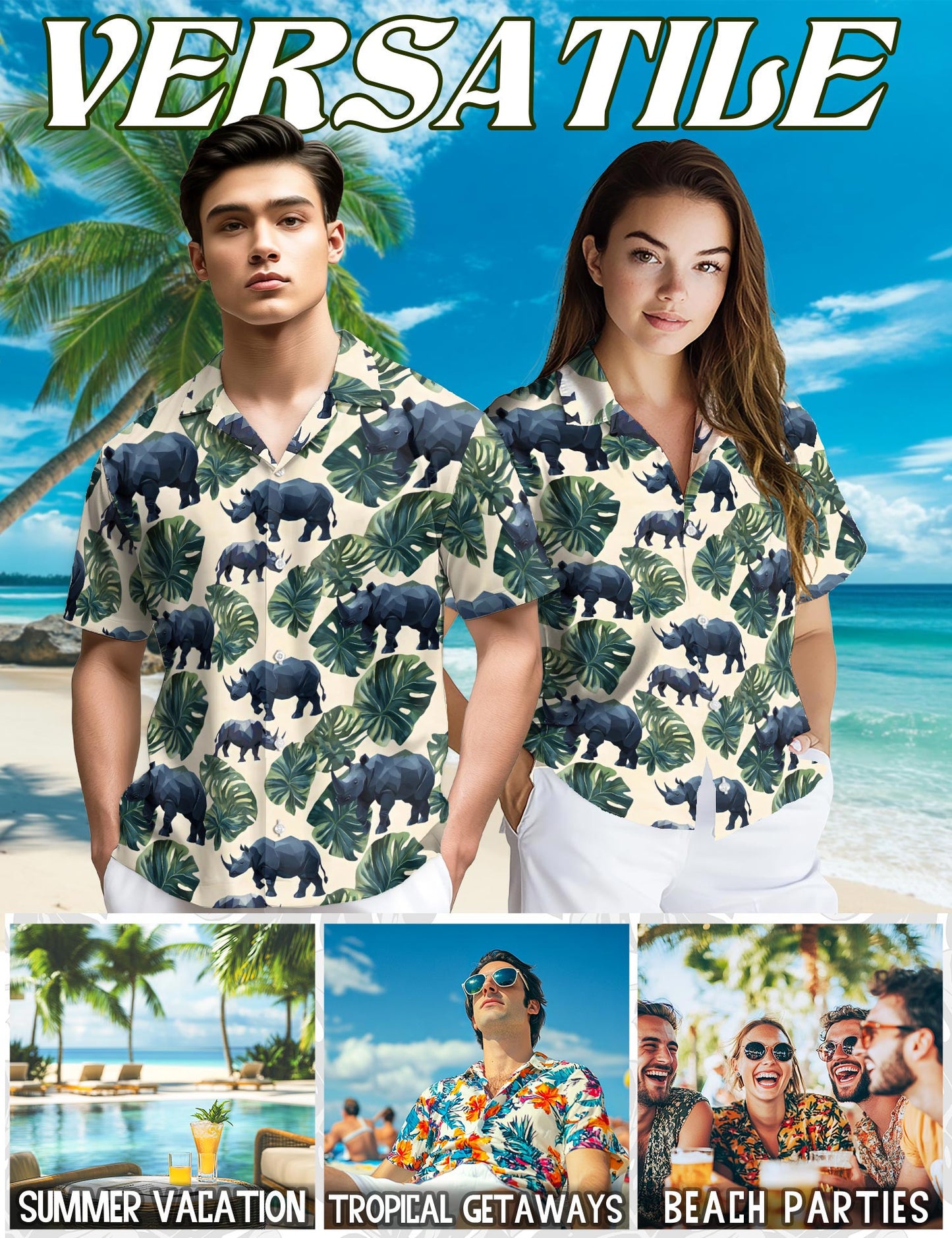 Rhino Hawaiian Shirt for Men, Button Down Aloha Shirt - Azhawaiian