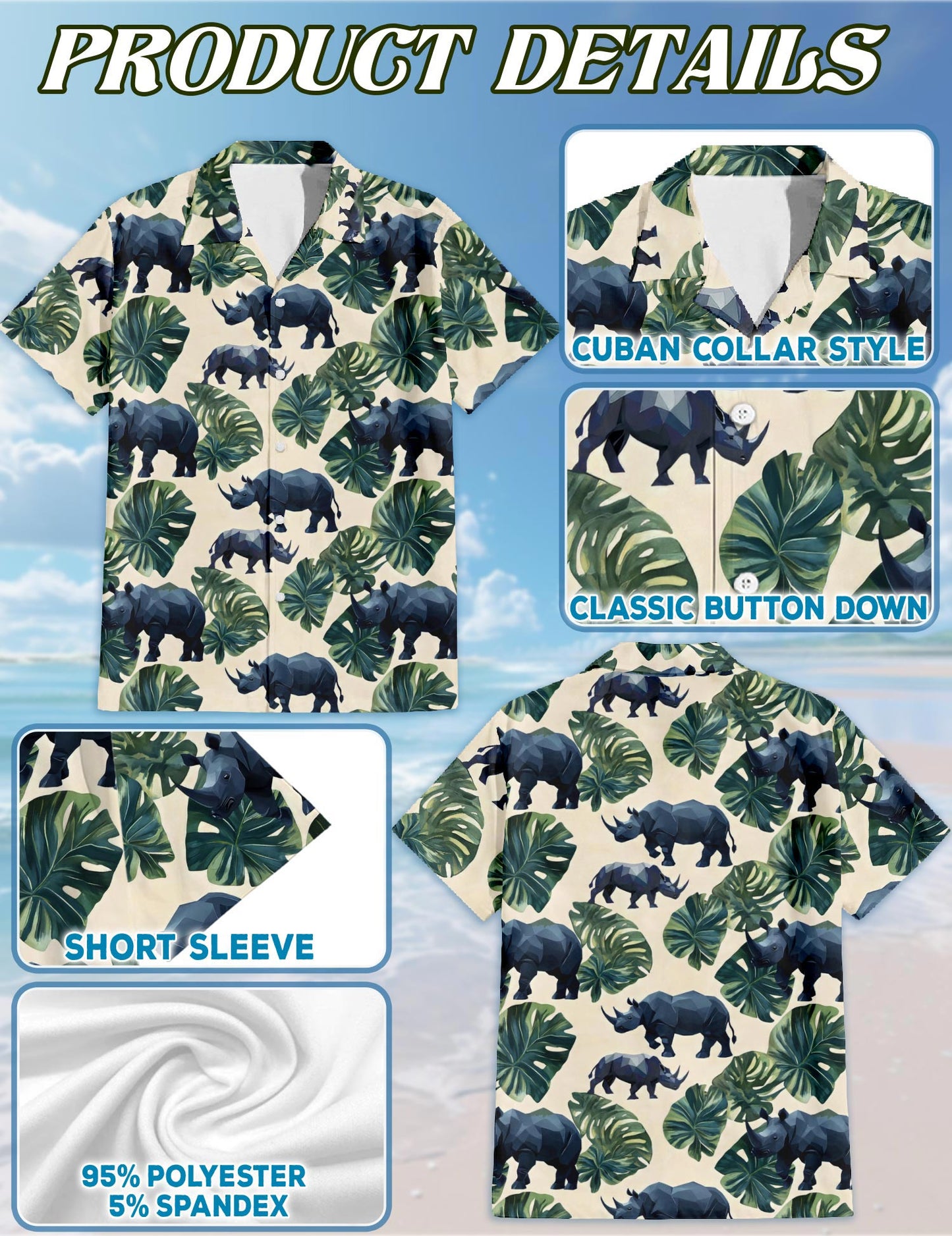Rhino Hawaiian Shirt for Men, Button Down Aloha Shirt - Azhawaiian