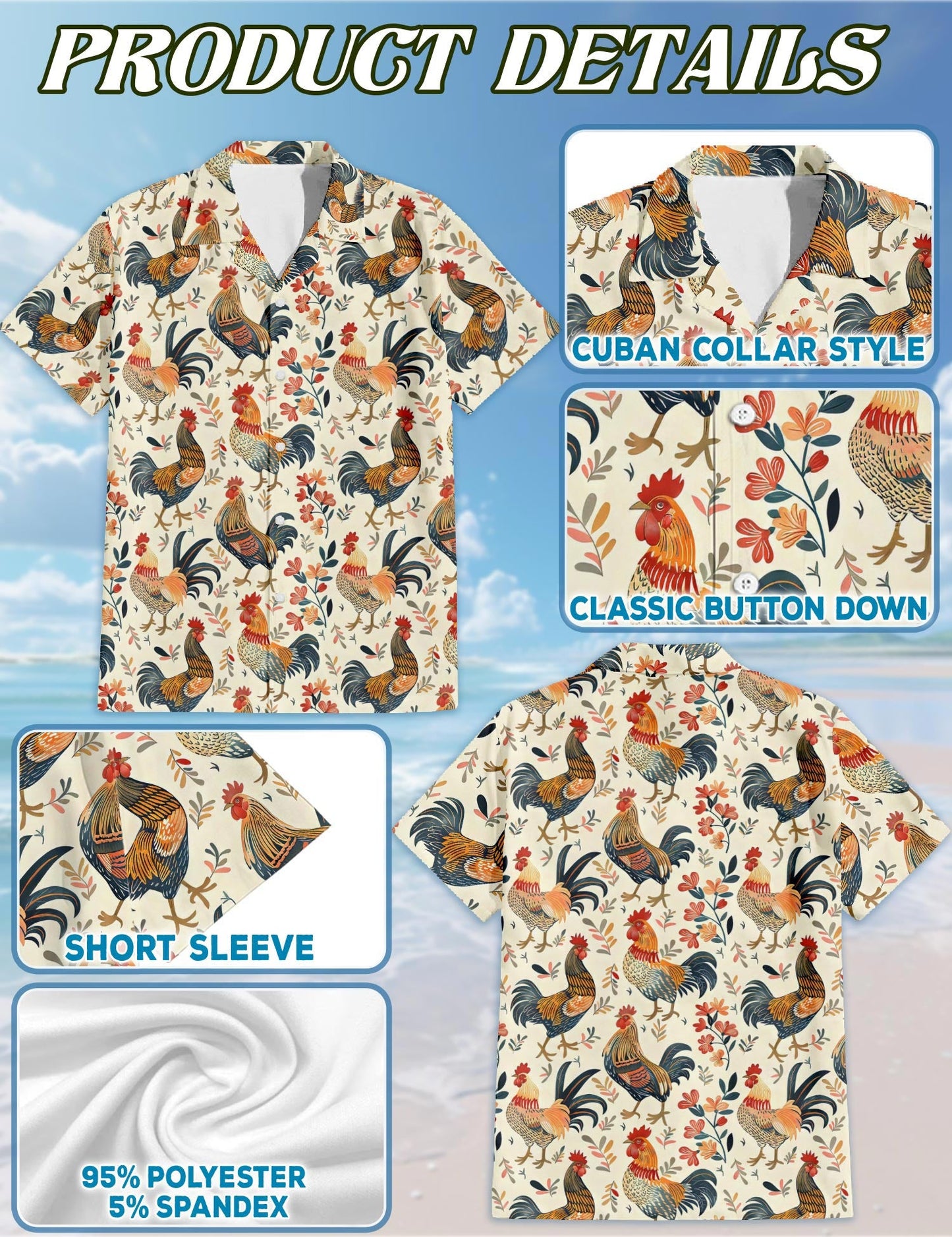 Rooster Pattern Hawaiian Shirt for Men, Button Down Aloha Shirt - Azhawaiian