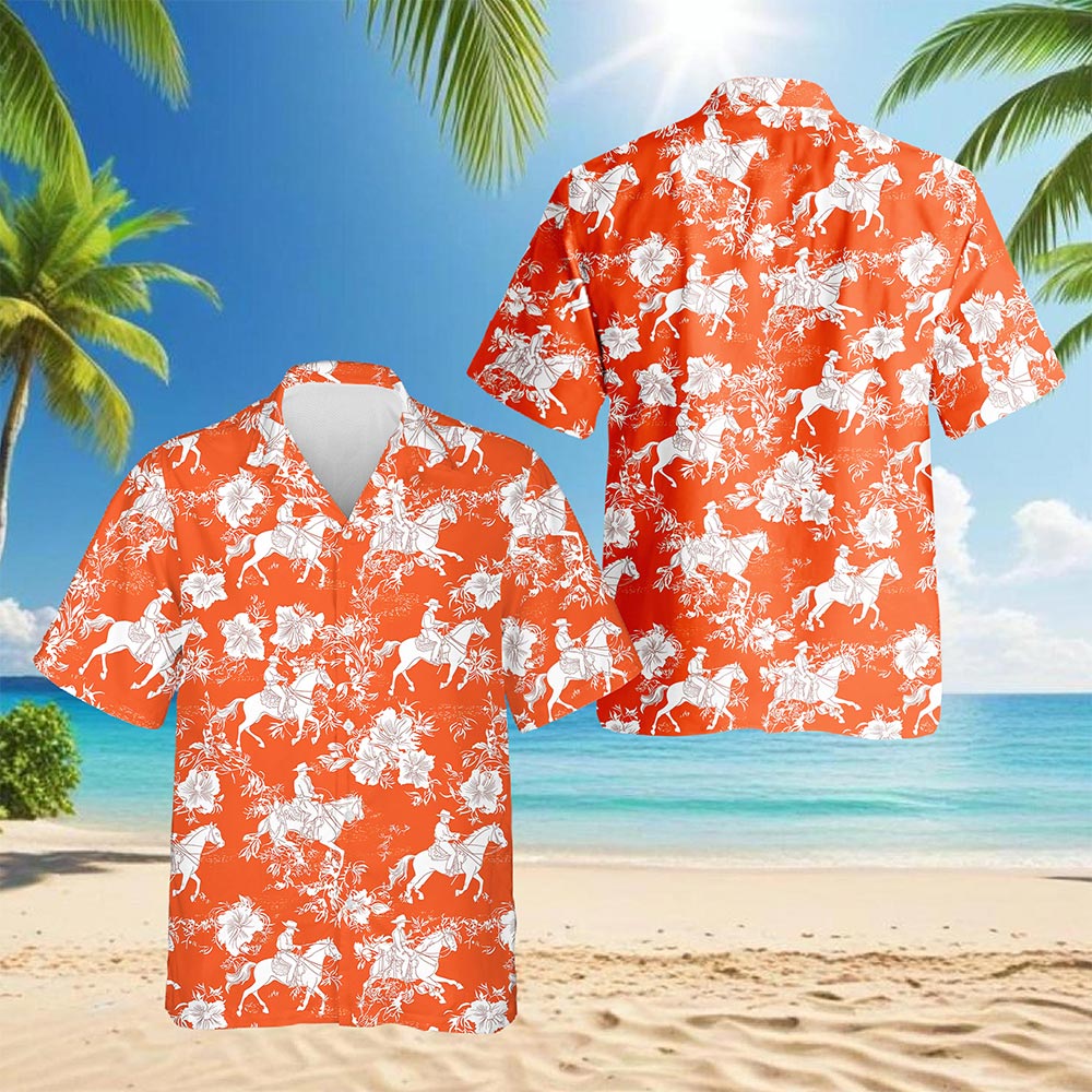Saddle Bronc Riding Orange Occasion Hawaiian Shirt for Men, Button Down Aloha Shirt - Azhawaiian