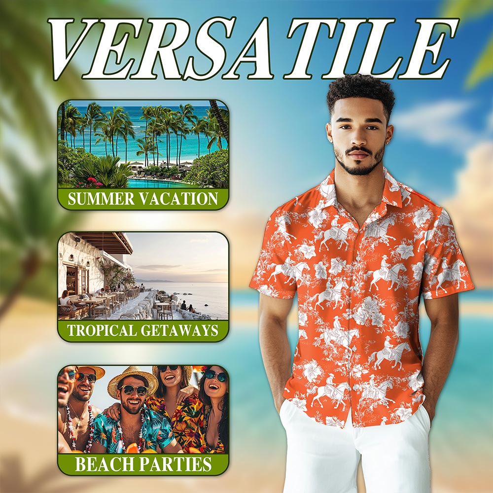 Saddle Bronc Riding Orange Occasion Hawaiian Shirt for Men, Button Down Aloha Shirt - Azhawaiian