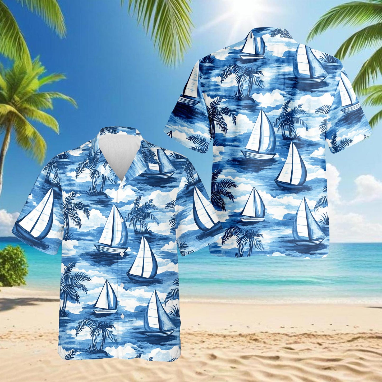 Sailboats Blue Hawaiian Shirt for Men, Button Down Aloha Shirt - Azhawaiian