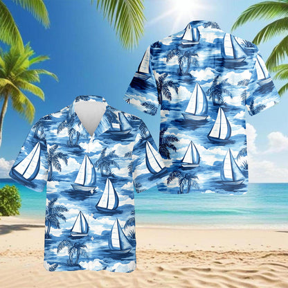 Sailboats Blue Hawaiian Shirt for Men, Button Down Aloha Shirt - Azhawaiian