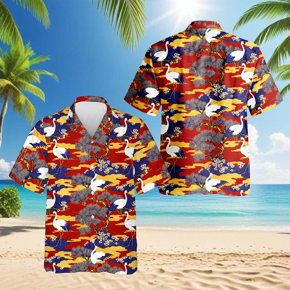 Sakura Redheaded Crane Hawaiian Shirt for Men, Button Down Aloha Shirt - Azhawaiian