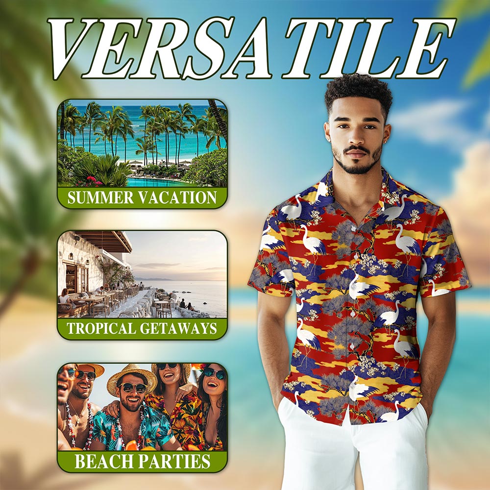 Sakura Redheaded Crane Hawaiian Shirt for Men, Button Down Aloha Shirt - Azhawaiian