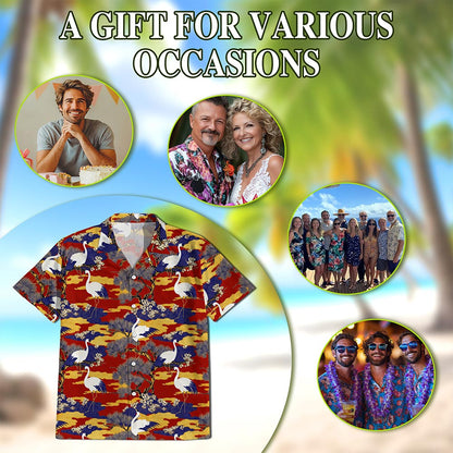 Sakura Redheaded Crane Hawaiian Shirt for Men, Button Down Aloha Shirt - Azhawaiian