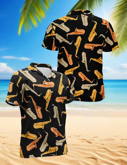 Saxophone Pattern Hawaiian Shirt for Men, Button Down Aloha Shirt - Azhawaiian