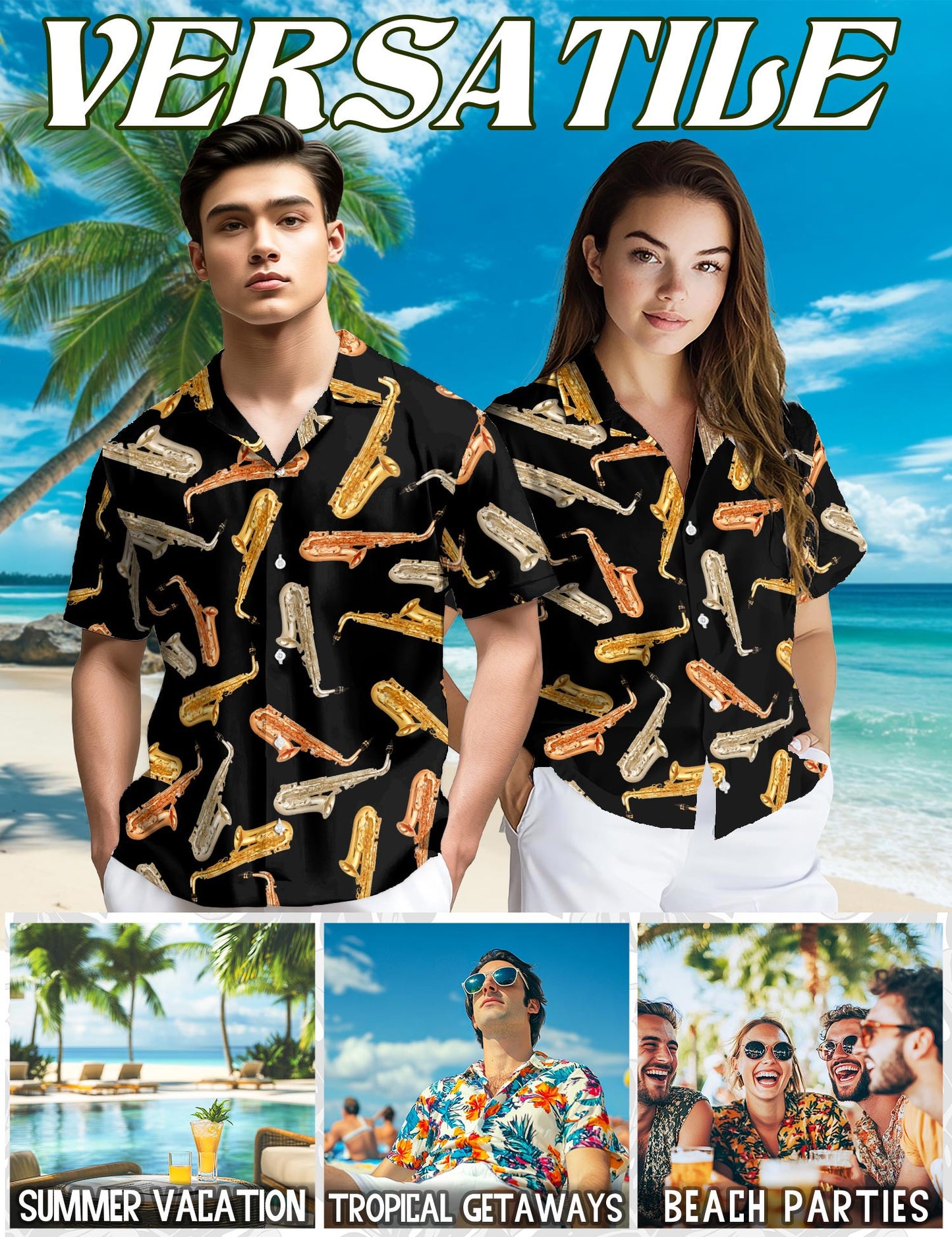 Saxophone Pattern Hawaiian Shirt for Men, Button Down Aloha Shirt - Azhawaiian