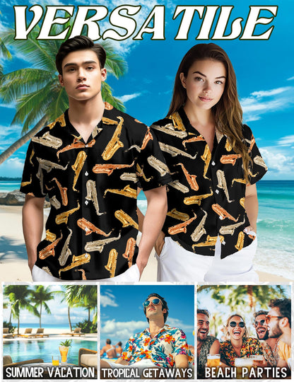 Saxophone Pattern Hawaiian Shirt for Men, Button Down Aloha Shirt - Azhawaiian