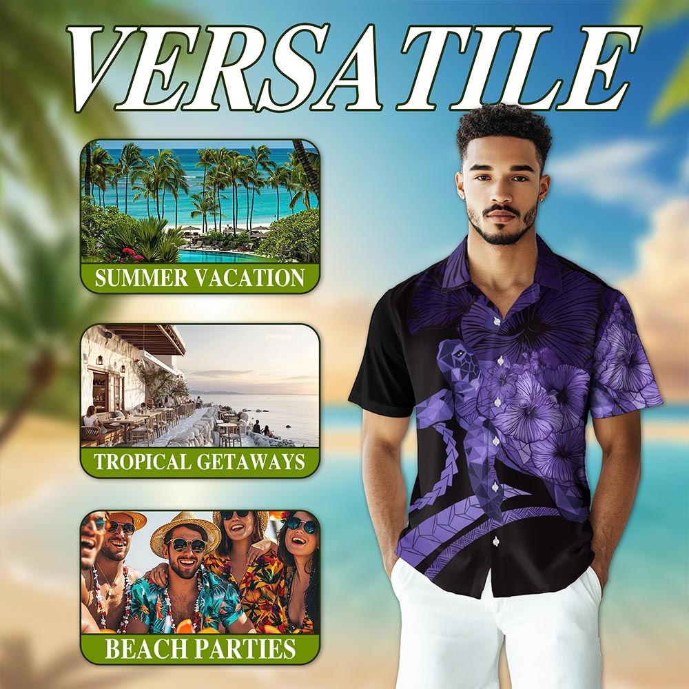 Sea Turtle Flower Purple Hawaiian Shirt for Men, Button Down Aloha Shirt - Azhawaiian