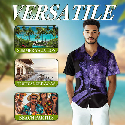 Sea Turtle Flower Purple Hawaiian Shirt for Men, Button Down Aloha Shirt - Azhawaiian
