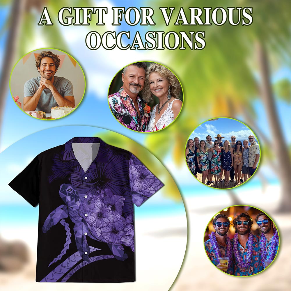 Sea Turtle Flower Purple Hawaiian Shirt for Men, Button Down Aloha Shirt - Azhawaiian