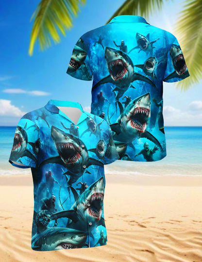 Sharks And Zombies War Hawaiian Shirt for Men, Button Down Aloha Shirt - Azhawaiian