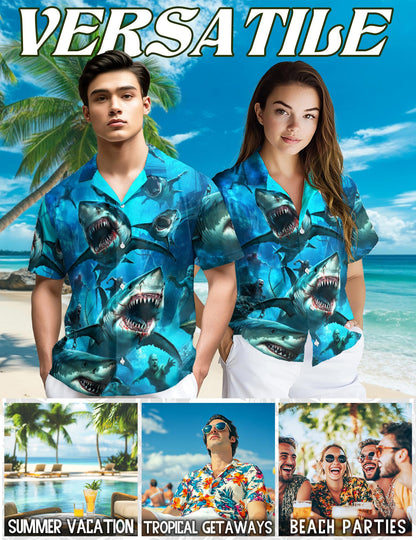 Sharks And Zombies War Hawaiian Shirt for Men, Button Down Aloha Shirt - Azhawaiian